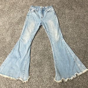 Light blue, high rise flare hippie print at the bottom